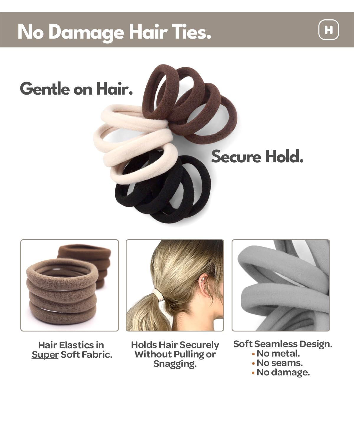Cyndibands Seamless Hair Ties - Black - Gentle Hair Ties No Damage, Standard Size 1.5 Inch, Soft and Stretchy Nylon Fabric Ponytail Holders - 12 Count