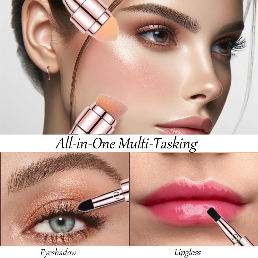 Bling Toman 4 in 1 Makeup Brush, Eyeshadow Eye Lip Face Concealing Blush Foundation Brush All in One Retractable Travel Size Makeup Brush Set (rose