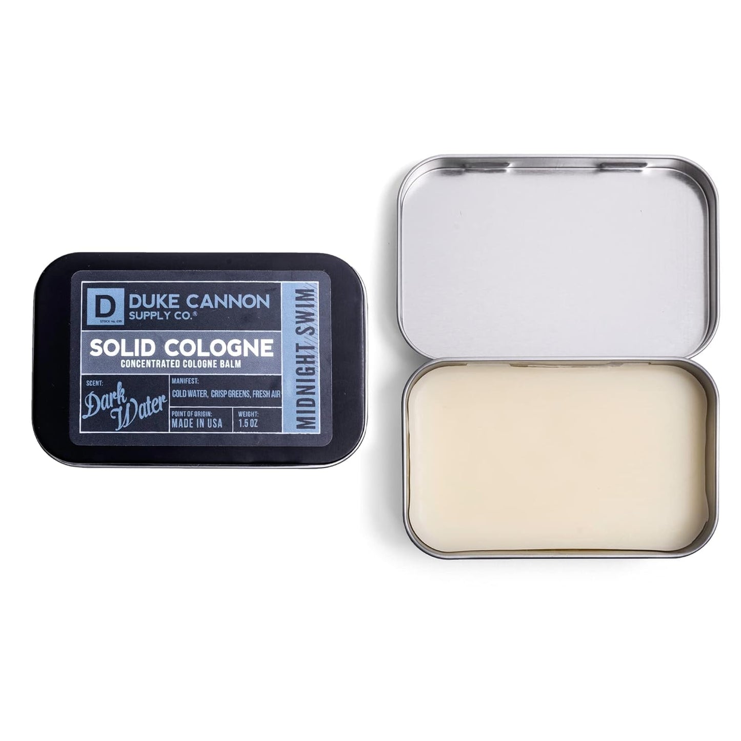 Duke Cannon Supply Co. Solid Cologne for Men Midnight Swim - Cold Water, Crisp Greens, Fresh Air - Concentrated Balm, Coconut Oil, Travel-Friendly