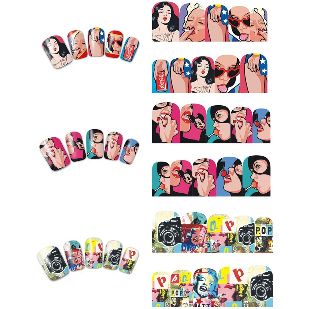 Towenm 12 Sheets Nail Art Stickers Water Transfer Nail Decals for Nail Art, Trendy Marvel Nail Wraps, Sexy Lip Pop Star Nail Decals, Manicure Nail