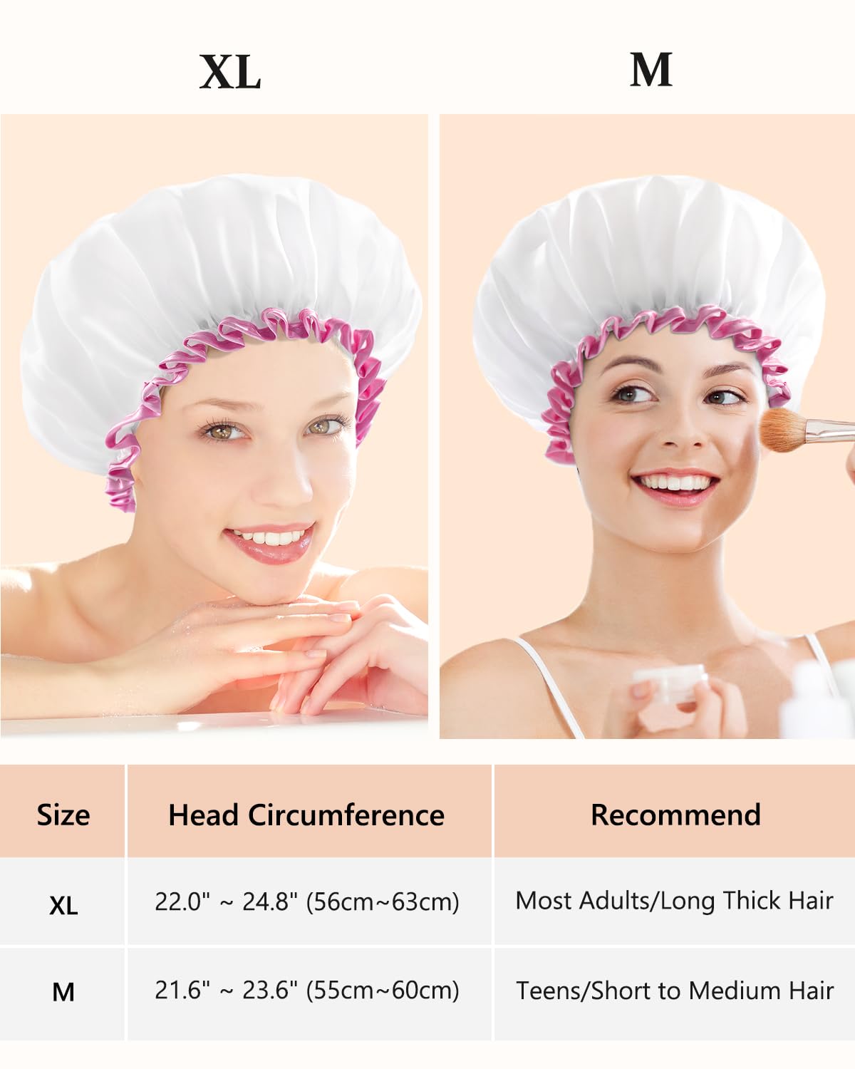 mikimini White Shower Cap Pack of 2 Waterproof Reusable Double Layers Bathing Hair Caps with Soft Comfortable PEVA Lining, Cute, Non-fading & Stretchy
