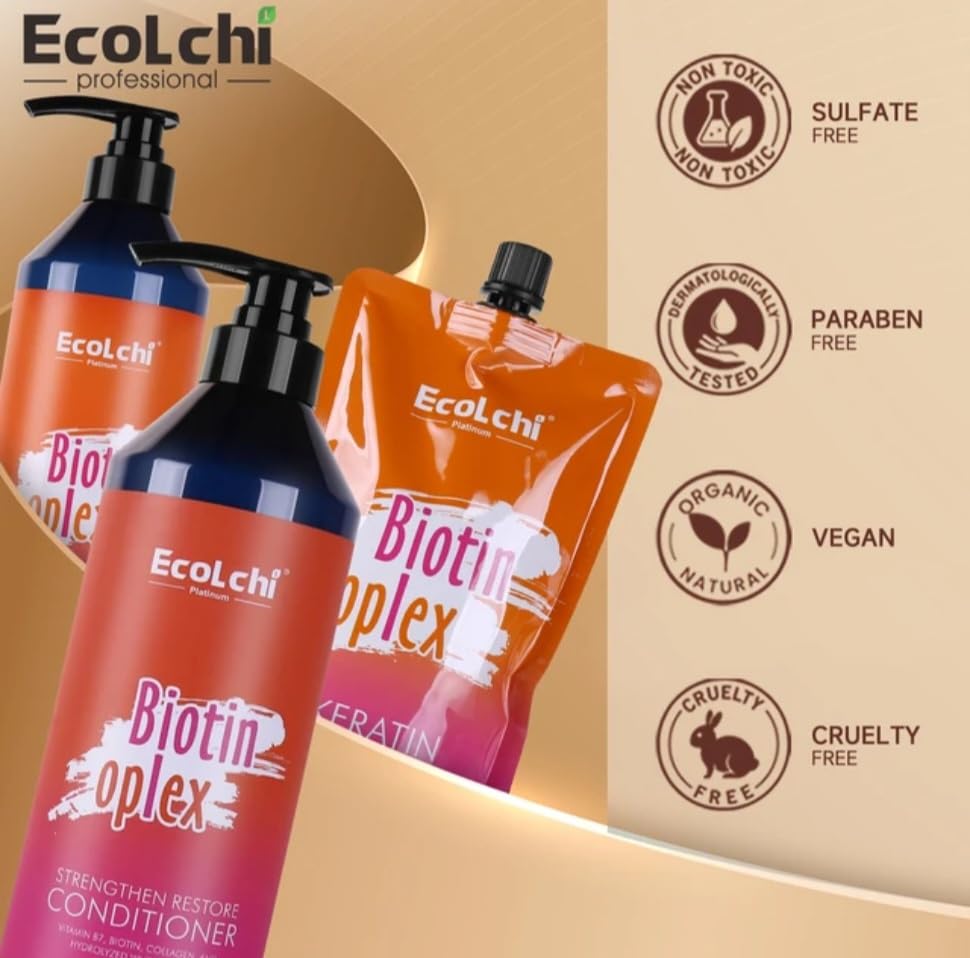 Ecolchi Biotin Oplex Hair Care Set with Shampoo, Conditioner, Hair Mask - Amino Acids Plus Keratin Treatment - Repair Heat Damage, Frizz