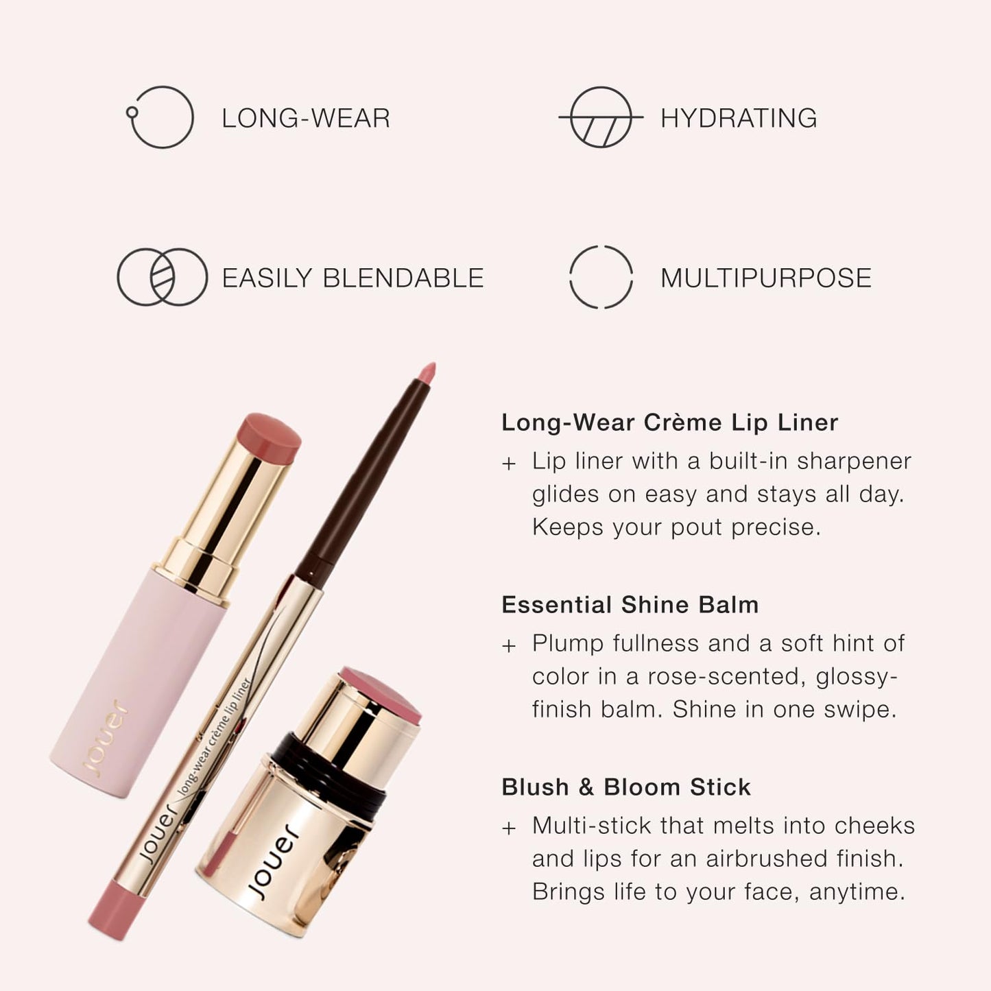 Jouer Bare Rose Collection - Blush Stick, Cream Lip Liner, Lip Plumping Balm Kit - Face Makeup in Rose Shades - Hydrating Formulas for Long Wear