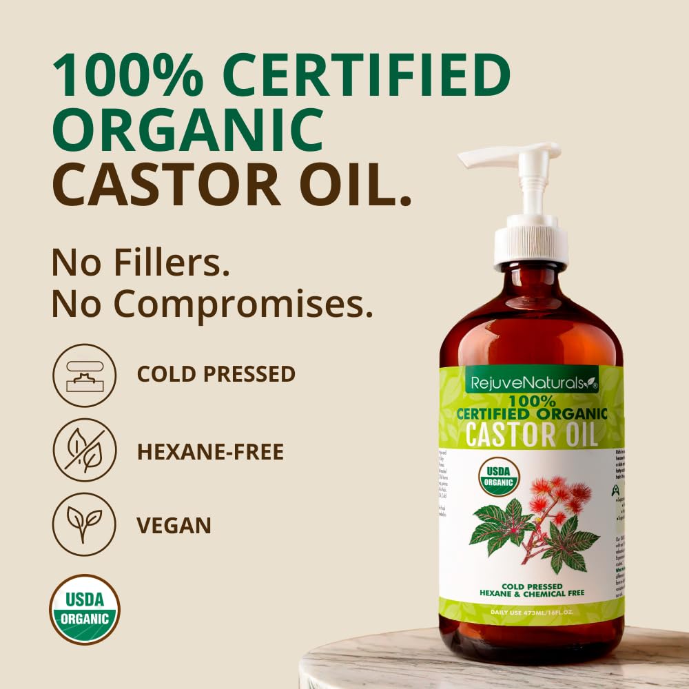 RejuveNaturals Castor Oil (16oz Glass Bottle) USDA Certified Organic, 100% Pure, Cold Pressed, Hexane Free. Boost Hair Growth for Thicker, Fuller