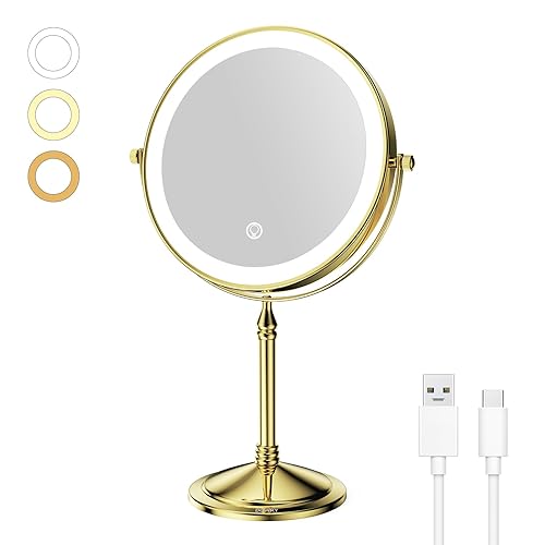 DOWRY 4000 mAh Rechargeable Lighted Makeup Mirror 10x Magnification Vanity Mirror Tabletop Two-Sided Swivel Gifts for Women Wife Mom Teengirls Gold