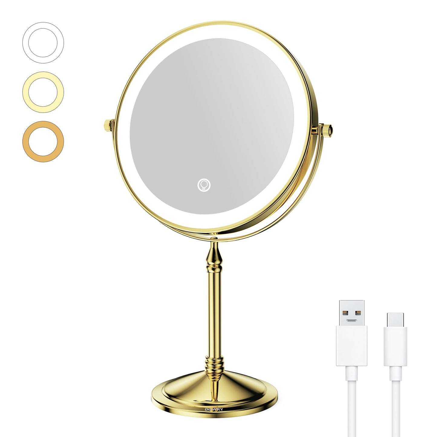 DOWRY 4000 mAh Rechargeable Lighted Makeup Mirror 10x Magnification Vanity Mirror Tabletop Two-Sided Swivel Gifts for Women Wife Mom Teengirls Gold