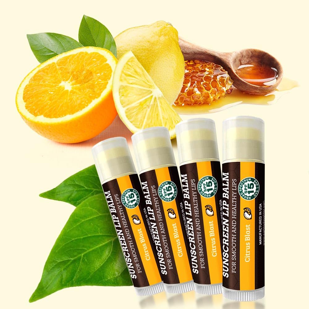 Earth's Daughter SPF Lip Balm 4-Pack Citrus Flavor Stocking Stuffers - Lip Sunscreen, SPF 15, Organic Ingredients, Beeswax, Coconut Oil, Vitamin E