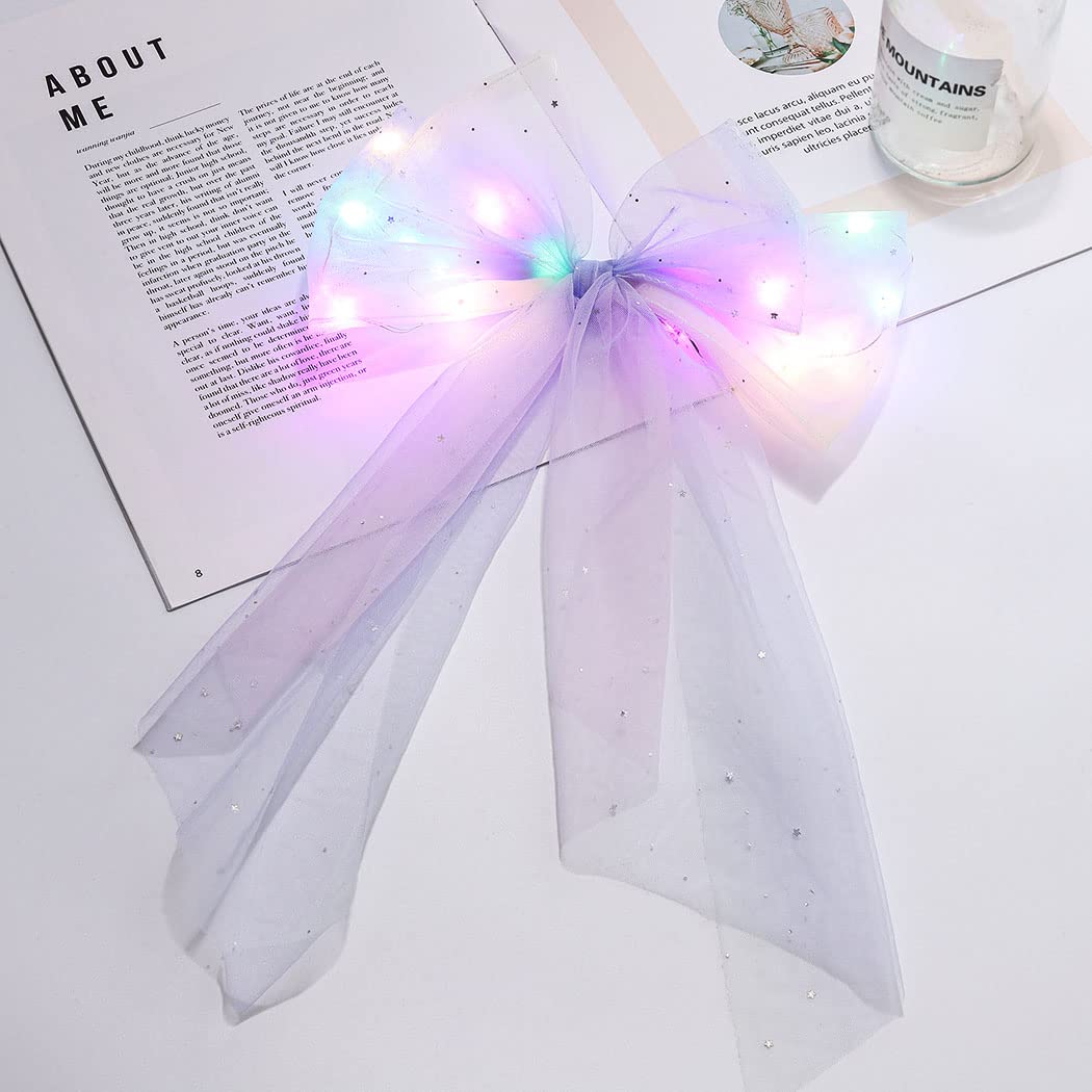 JEAIRTS Light Up Hair Bow Glowing Led Rainbow Tulle Bows for Women