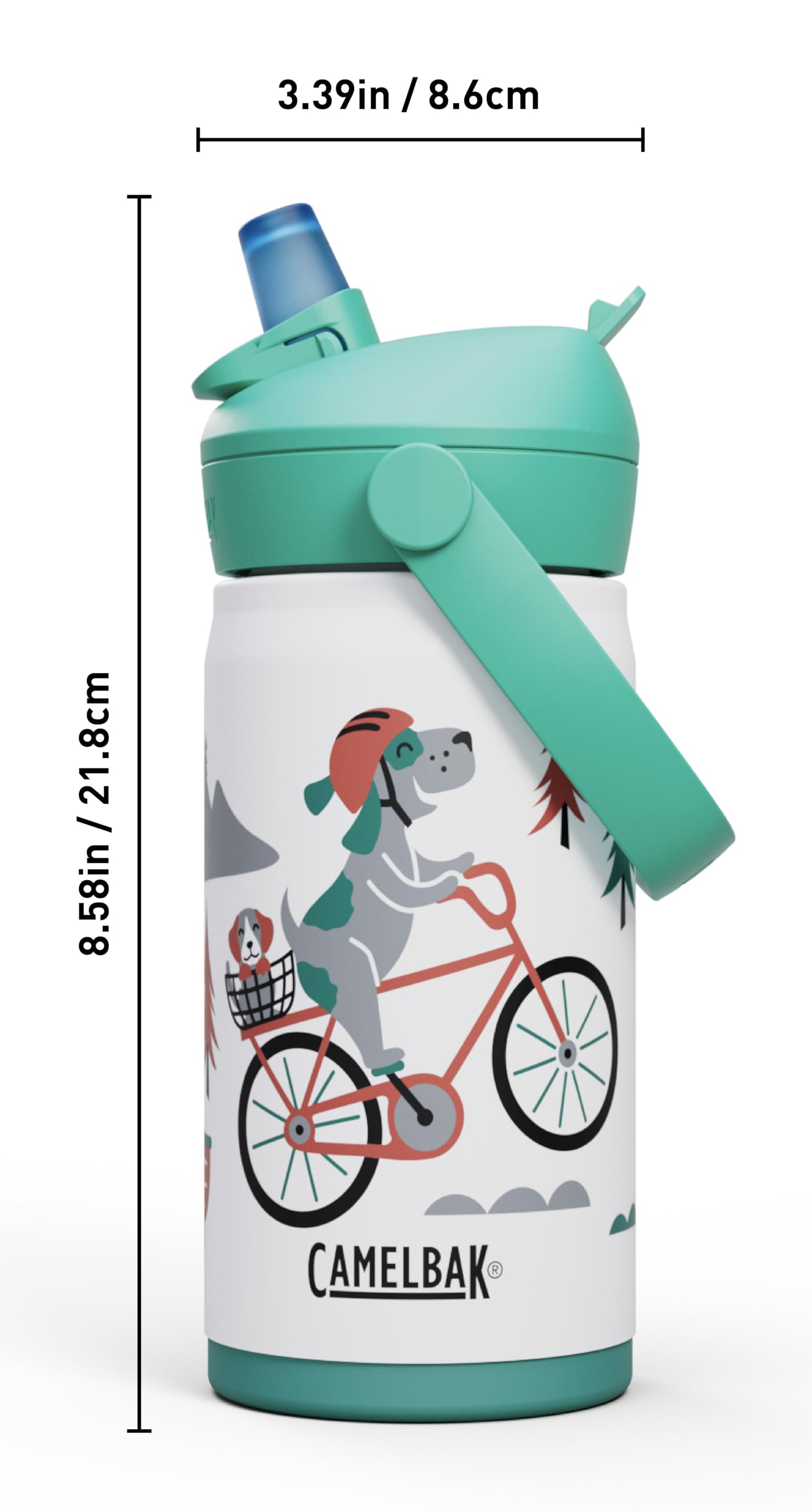 CamelBak Thrive Flip Straw Kids Bite Valve Stainless Steel Water Bottle Biking Dogs, 12oz