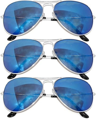Aviator Full Mirror Lens Sunglasses Blue Color Lens Metal Silver Color Frame 3 Pairs Men Women