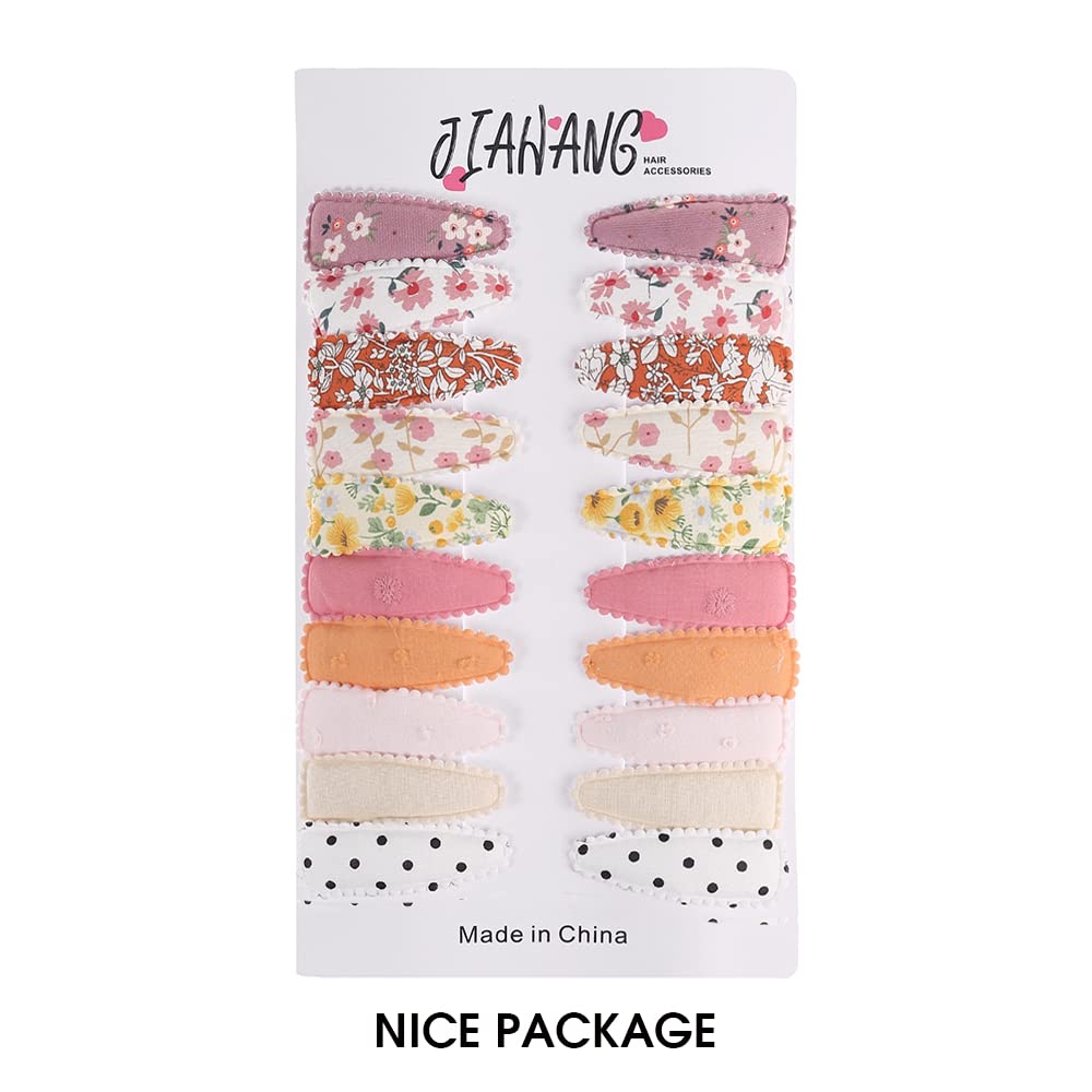 JIAHANG 20 Pcs Baby Girls Floral Print Hair Clips in Pair, Non Slip Hairpins Cotton Snap Hair Barrettes Thin Thick Hair Accessories for Toddlers