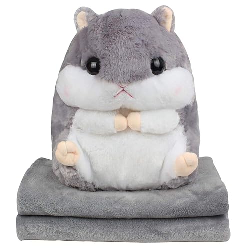 Roexboz Cushion Blanket Cute Hamster Plush Pillow with Blanket, 2 in 1 Cozy Blanket for Sofa Office Chair