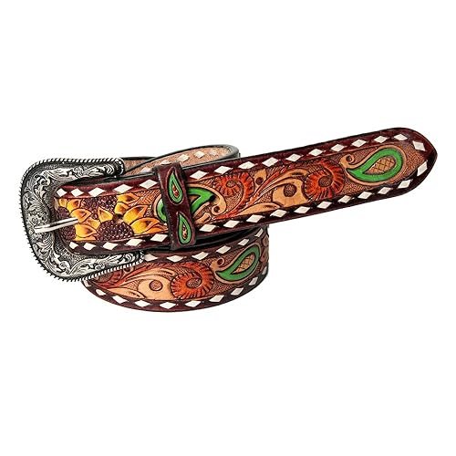 American Darling Medium Beautifully Hand Tooled Brown Genuine Leather Belt Men and Women Western with Removable Buckle