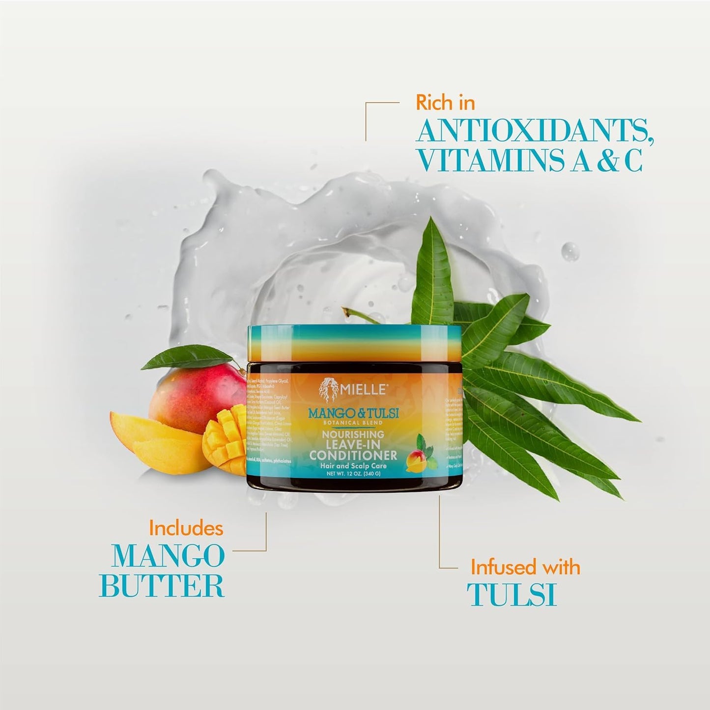 Mielle Organics Mango & Tulsi Nourishing Leave In Conditioner for Curly Hair - Moisturizing Leave In Conditioner with Breakage Protection & Scalp