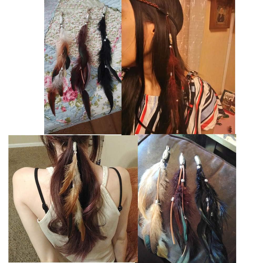 RONRONS 6 Pack Handmade Boho Hippie Hair Extensions with Feather Clip Comb Headdress DIY Accessories for Women (Brown, Black, Khaki)