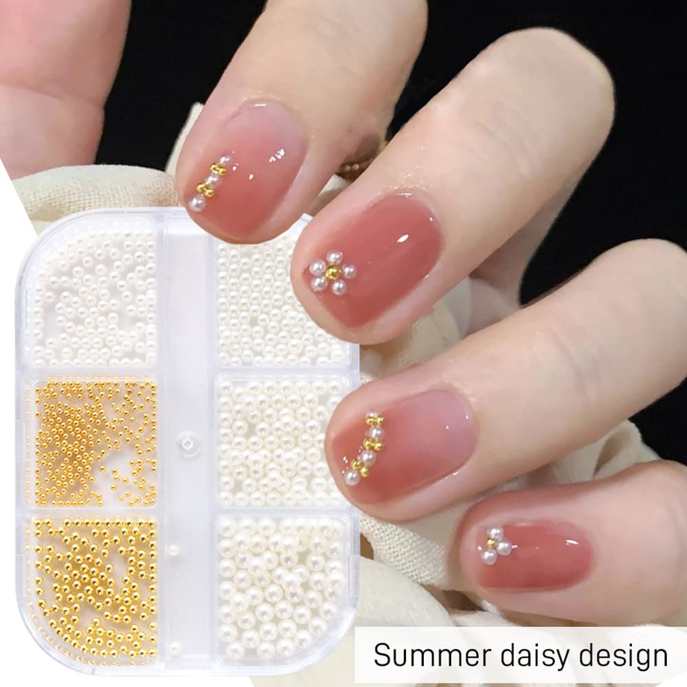 UARUOGP 90 Pcs 5D Mixed White Flower Camellia Nail Art Set and 900 Pcs 3D Nail Art Supplies Round Pearls Caviar Beads Nails Charms Tips Glitter