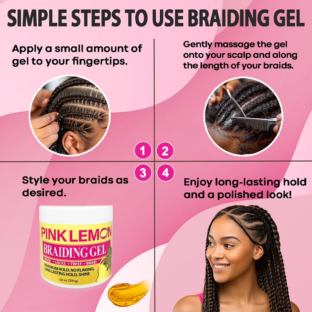 PINK LEMON Braiding Gel- Maximum Hold, No Flaking, Long Lasting Hold, High Shine. For Micro, Inter, Dread, Faux, Loc, Twist, Braid, Edge. (10 oz)