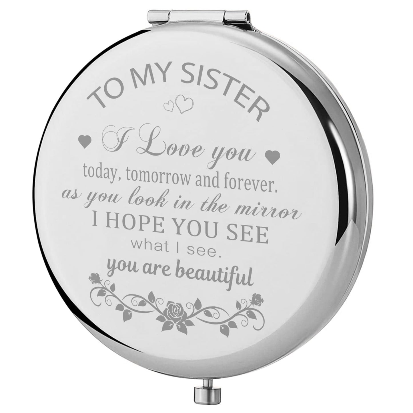 GAOLZIUY Compact Mirror Gifts from Sister, Silver Compact Mirror for Big/Litter Sister, Birthday Gifts for Sister Graduation, Valentine, Mothers Day