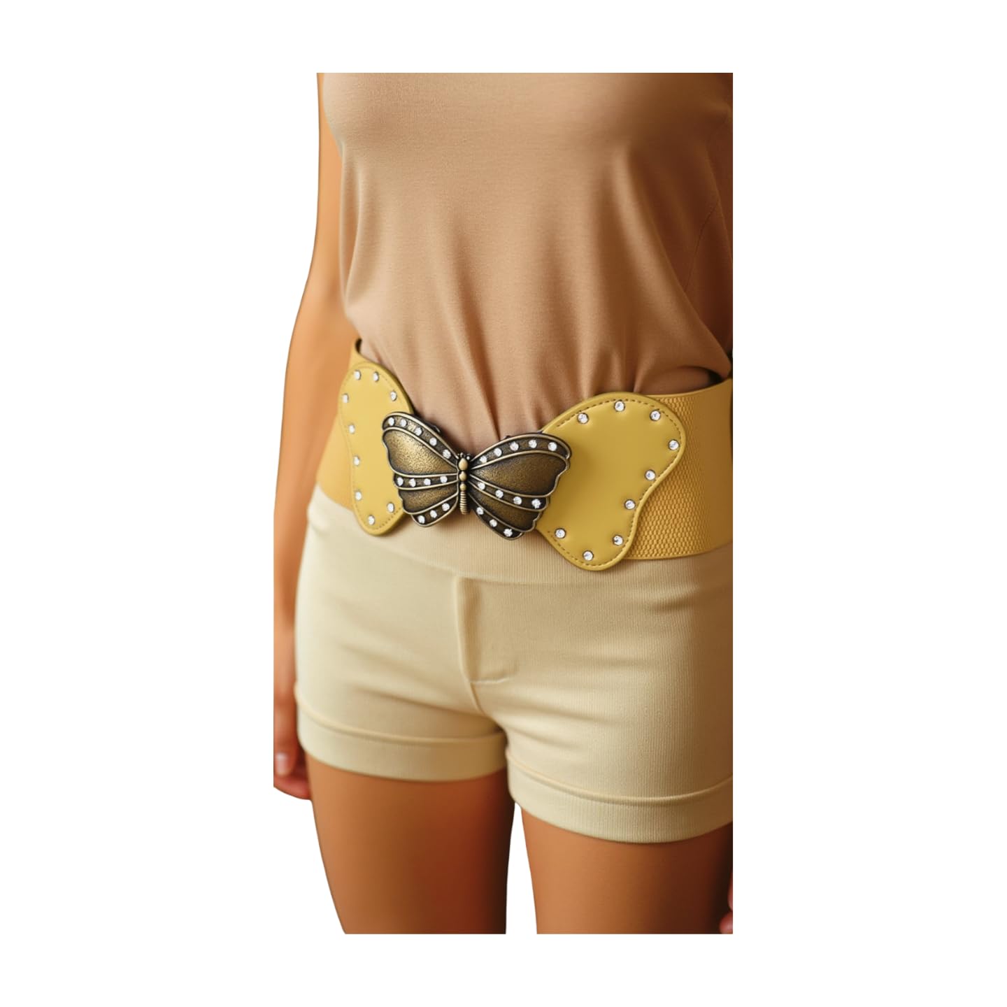Women Gold Wide Fashion Belt - Elastic Waistband Faux Leather Butterfly Buckle S M,Brown + Gold,One Size