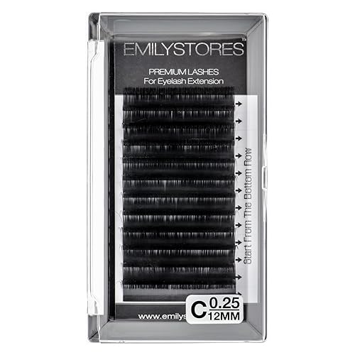 EMILYSTORES Eyelash Extensions 0.25mm Thickness C Curl 12mm Length For Lash Extensions Volume Individual Semi-Dull Black Eyelashes(0.25,C,12mm)