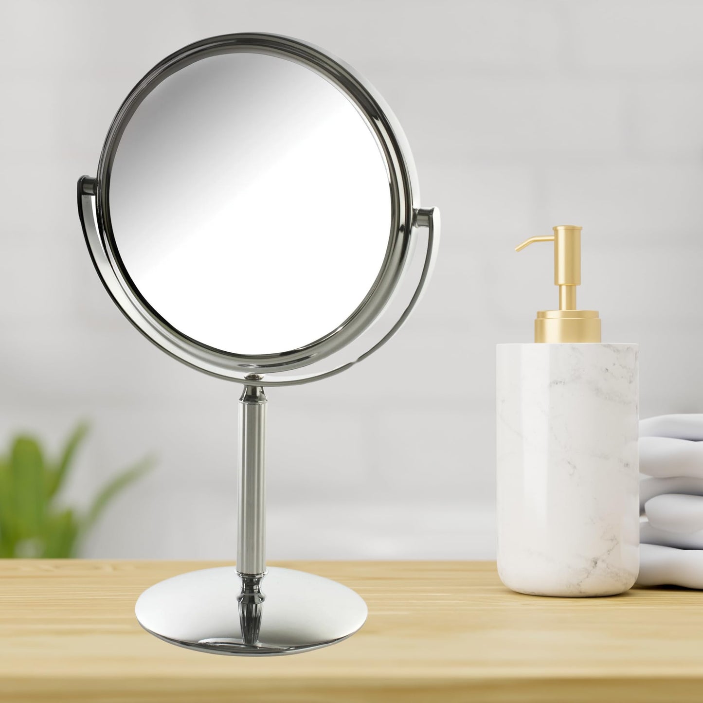 Model's Choice Two-Sided Tabletop Makeup Mirror - Makeup Mirror with 5X Magnification & Swivel Design - Portable 5.5-Inch Diameter Mirror in Chrome