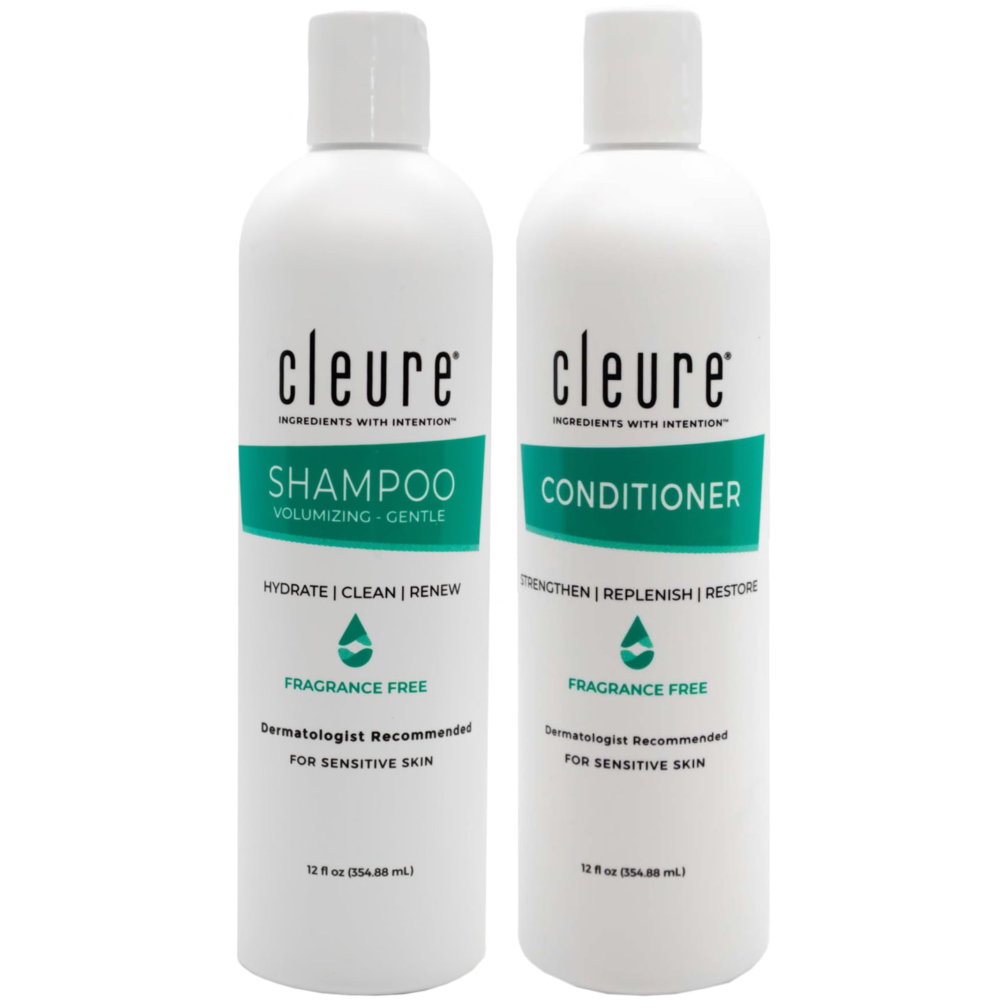 Cleure Shampoo and Conditioner Set Sulfate Free, Fragrance Free for Sensitive Skin - Volumizing Shampoo & Hydrating Conditioner (12 Oz each, Pack