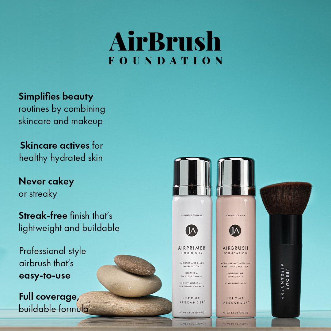 MagicMinerals AirBrush Foundation Set by Jerome Alexander - 3pc Set Includes Primer, Foundation and Kabuki Brush - Spray Makeup with Anti-aging