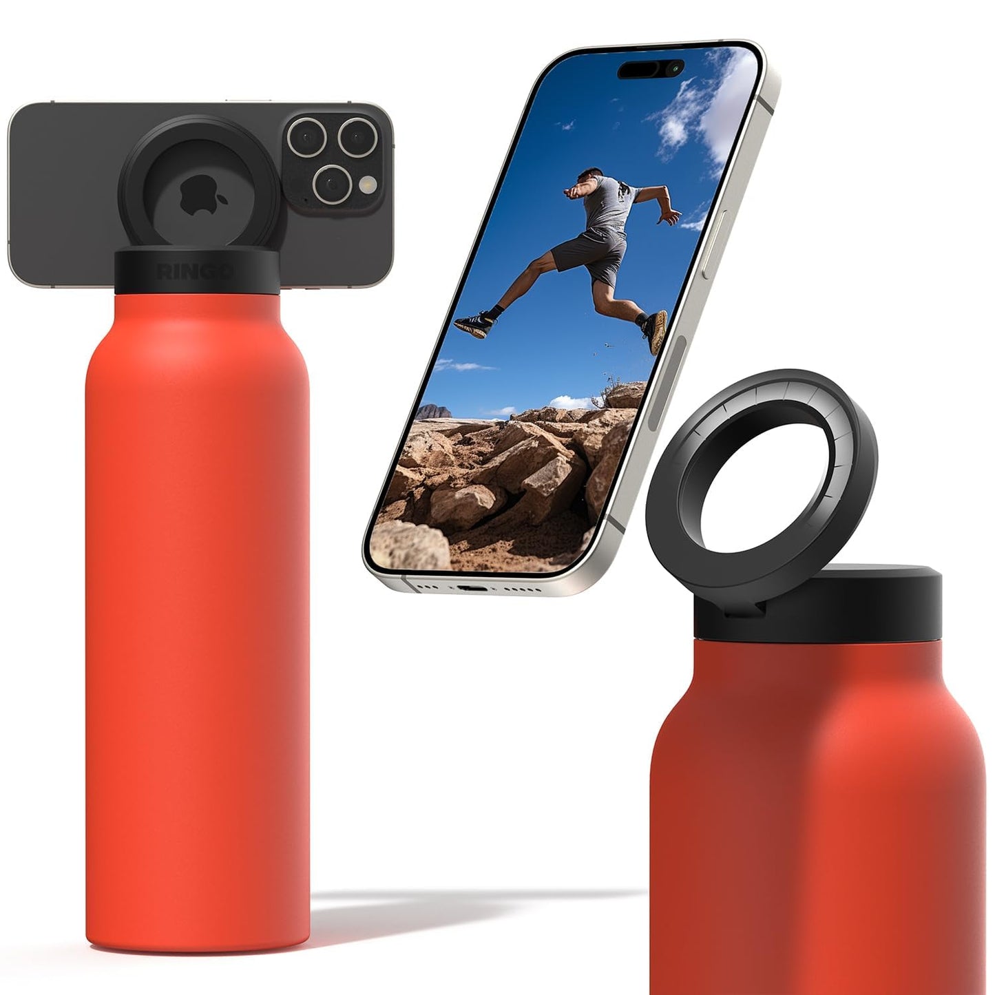 Ringo Insulated Water Bottle | Compatible MagSafe With Phone Holder | Stainless Steel Water Bottle With Magnetic Phone Tripod Mount | Hot for 12H