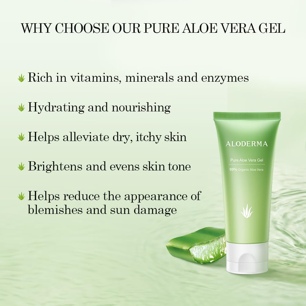 Aloderma Aloe Vera Gel Made within 12 Hours of Harvest with 99% Pure Organic Aloe Vera, Easy Travel Size Tube for Body, Face, & Scalp, Cooling Beauty and Personal Care Aloderma