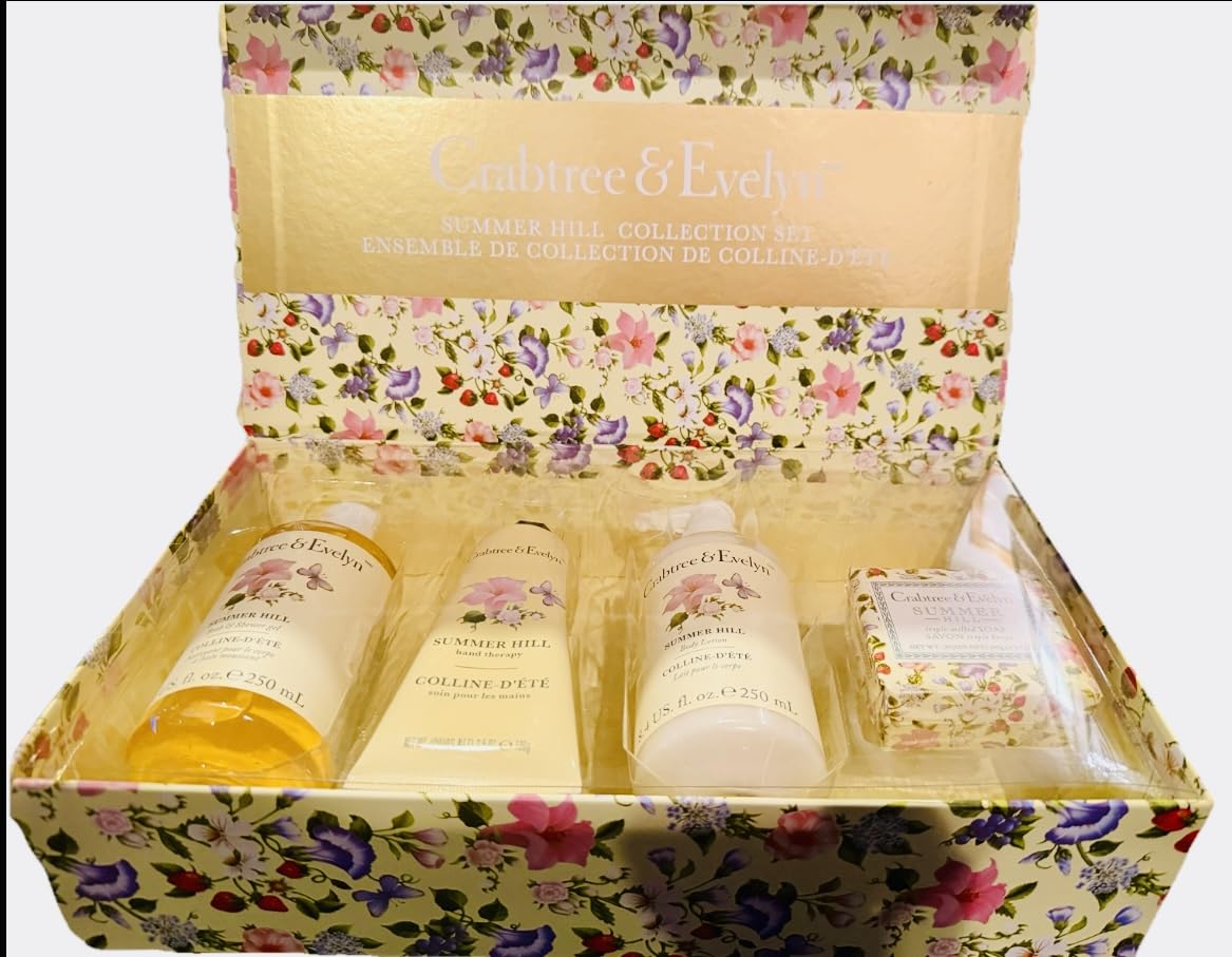 Crabtree & Evelyn Summer Hill Collection Set (Bath & Shower Gel 8.4 fl oz, Hand Therapy 3.5 oz, Body Lotion 8.4 fl oz, Bar Soap 3.5 oz)