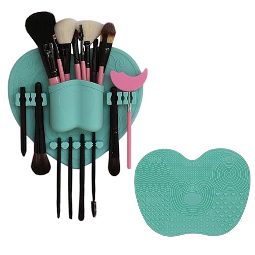 LORMAY Silicone Makeup Brush Organizer + Makeup Brush Cleaning Mat - Brush Holder for Air Drying. Easy to Mount to Wall, Mirror, Dresser or Tile (Mint