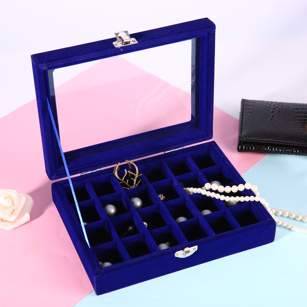 Novadeal 24 Grids PU Velour Leather Multipurpose Jewellery Storage Box Ring/Earrings/Necklace Tray Display Case Organizer - Dark Blue
