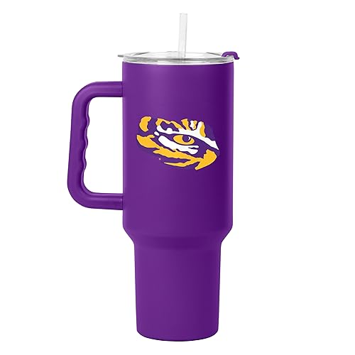 Logo Brands NCAA LSU Tigers 40 oz Tumbler with Handle -Powder Coated-Stainless Steel with Straw- Leak-Resistant, Keeps Drinks Hot/Cold - Everyday Use
