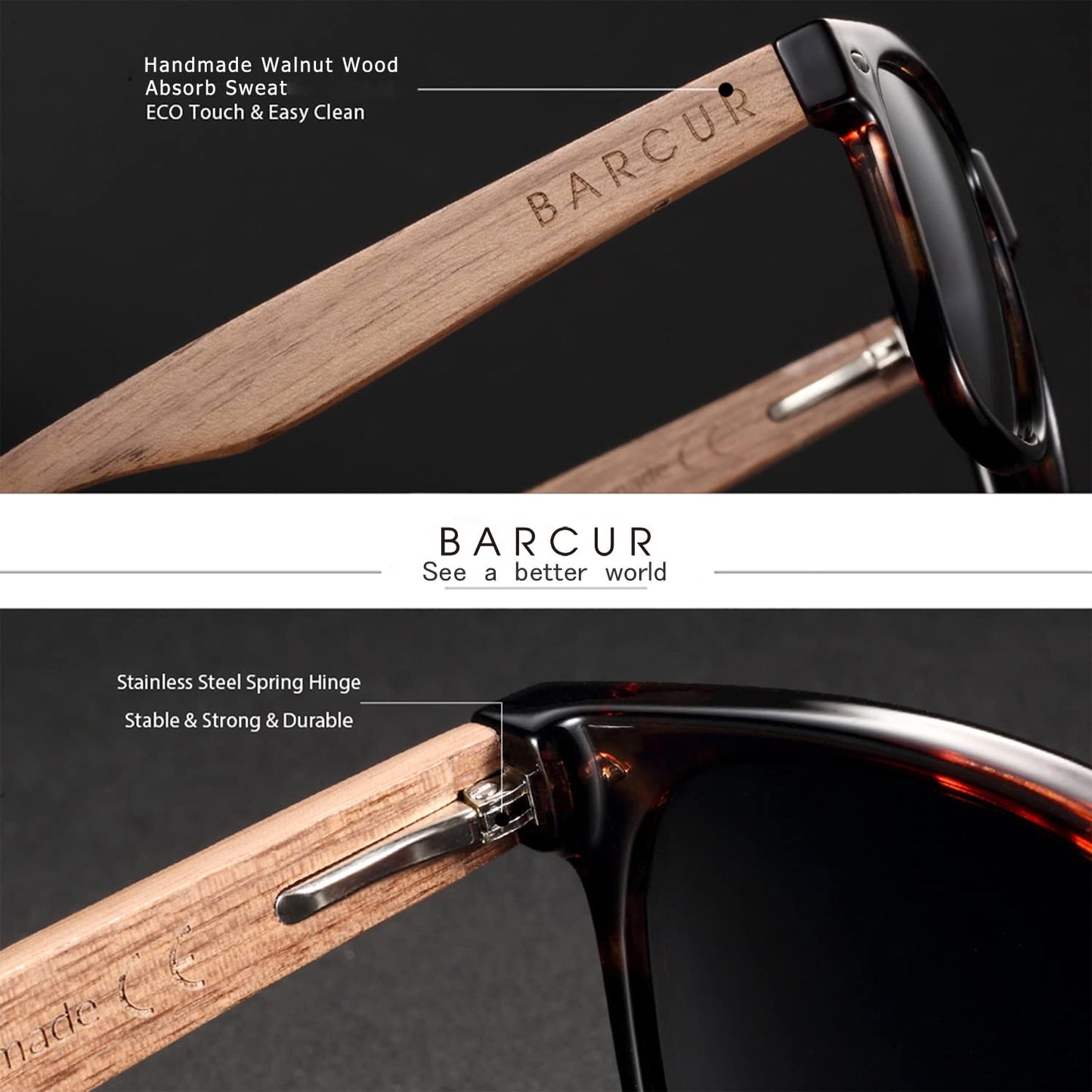 Barcur Wood Sunglasses for Men Women Polarized, uv Protection Black Walnut/Zebra Wooden Arms Frame Shades with Case(Walnut Black Grey)