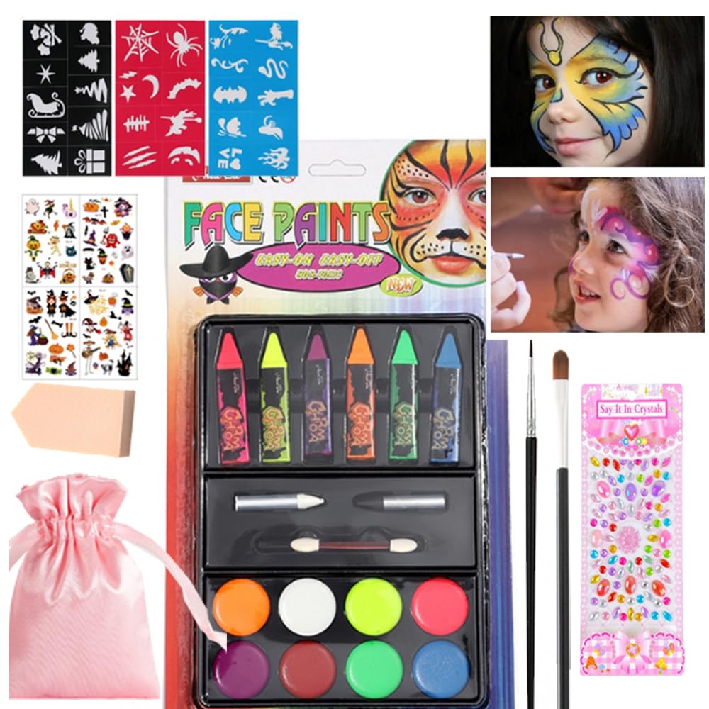 Face Body Painting Kit,Washable Safe Facepaint Makeup Party Pack Including CrayonsPlettes Brushes Pad Stencils for Halloween School Events Birthday