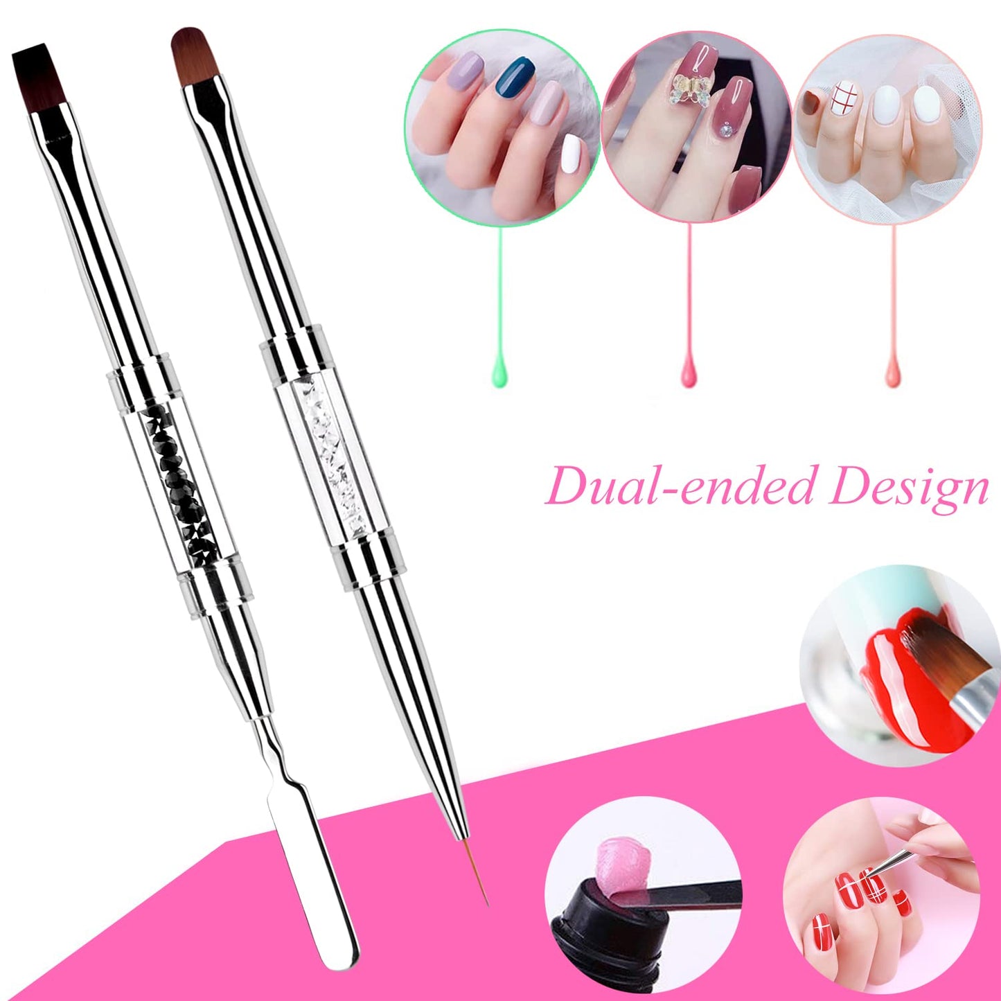 LEQ 2Pcs Nail Art Brush Set, Dual-ended Oval & Flat Gel Nail Polish Brushes Nail Art Liner Brush Polygel Slice Tool for PolyGel UV Builder Gel Nails