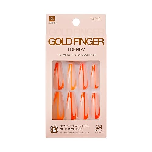 Goldfinger Trendy False Nails Kit, X-Long Coffin Design Nail, Minimal Tropical Orange & Yellow Print, Ready to Wear Gel & Manicure Stick Included Beauty & Personal Care Goldfinger