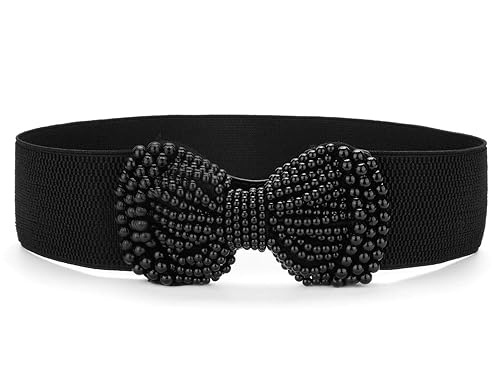 Allegra K Ladies Imitation Pearl Bowknot Press Stud Button Waistband Black