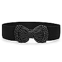 Allegra K Ladies Imitation Pearl Bowknot Press Stud Button Waistband Black