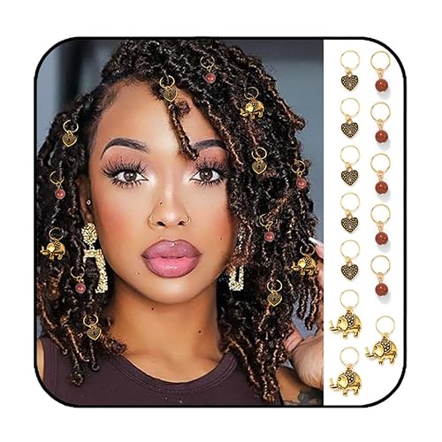 Formery Beads Dreadlock Clip Accessories Gold Elephant Box Braid Rings Heart African Hair Charms Jewelry for Black Women (13PCS)