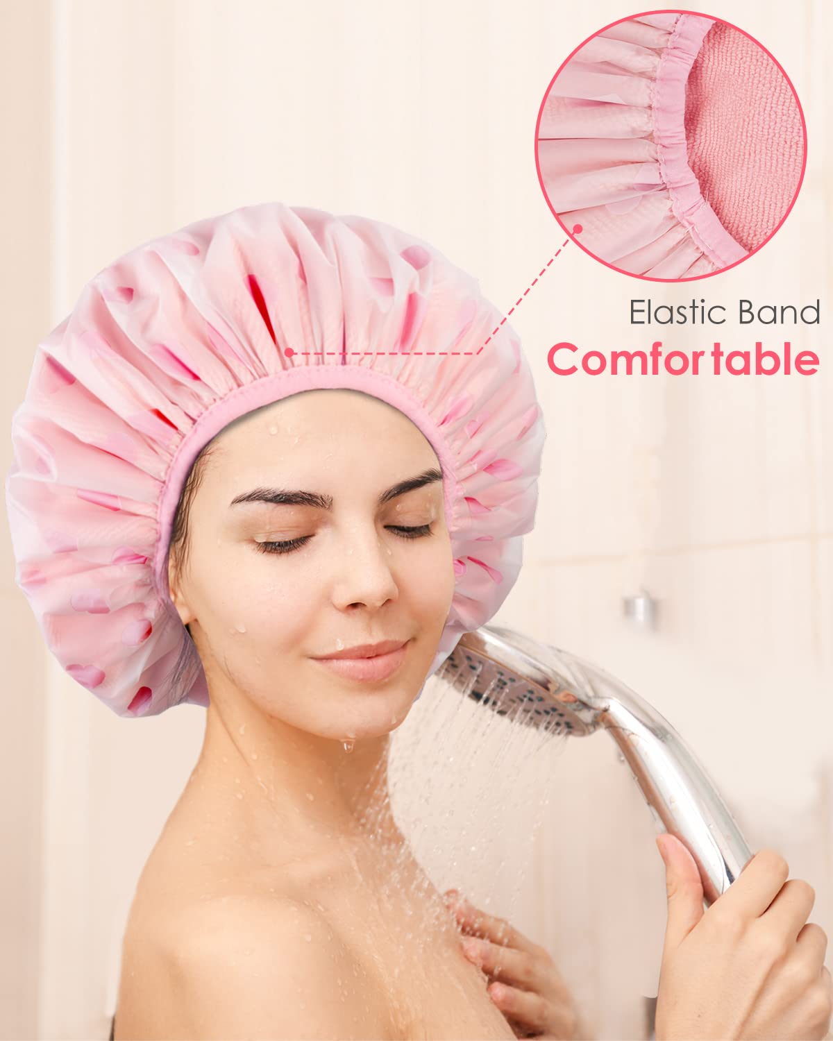 Auban Shower Cap, Shower Cap for Women Terry Cloth Lined EVA Exterior Reusable Double Layer Waterproof, Large Bath Hair Cap, Hotel Travel Essentials