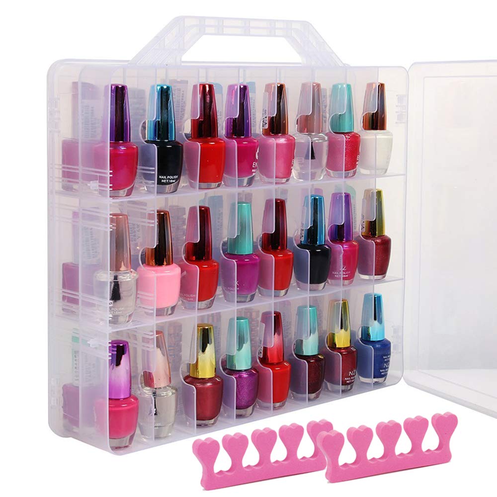 SUBAY Portable Nail Polish Organizer, Clear Double Side Nail Polish Holder,Gel Nail Storage for 48 Bottles with 6 Adjustable Dividers in Each Side