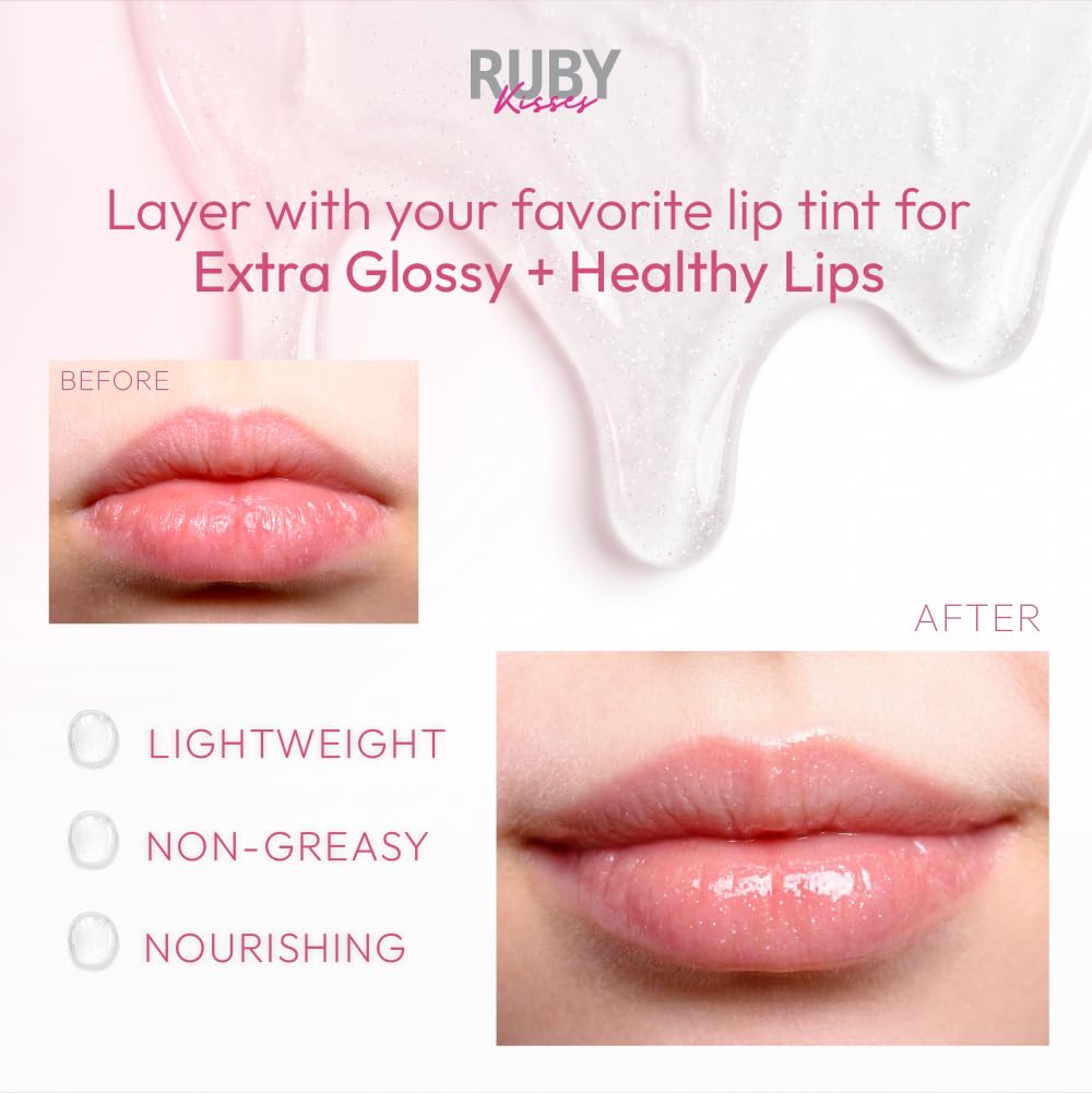 Ruby Kisses Hydrating Lip Oil Treatment Gloss with Mint Oil & Diamond Shimmer (3 Pack), Moisturizing Natural Shine Lip Care Protects & Heals with