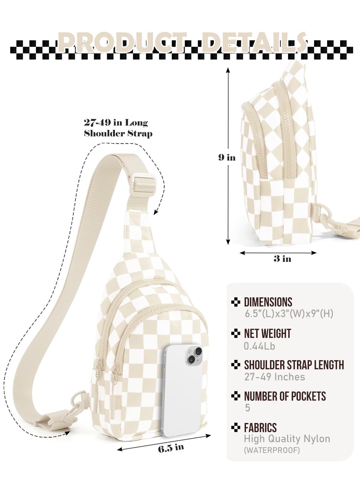 Checkered Sling Bag for Women Small Backpack Crossbody Chest Bag Fanny Packs Purses (Checkered Sling Bag - Beige)