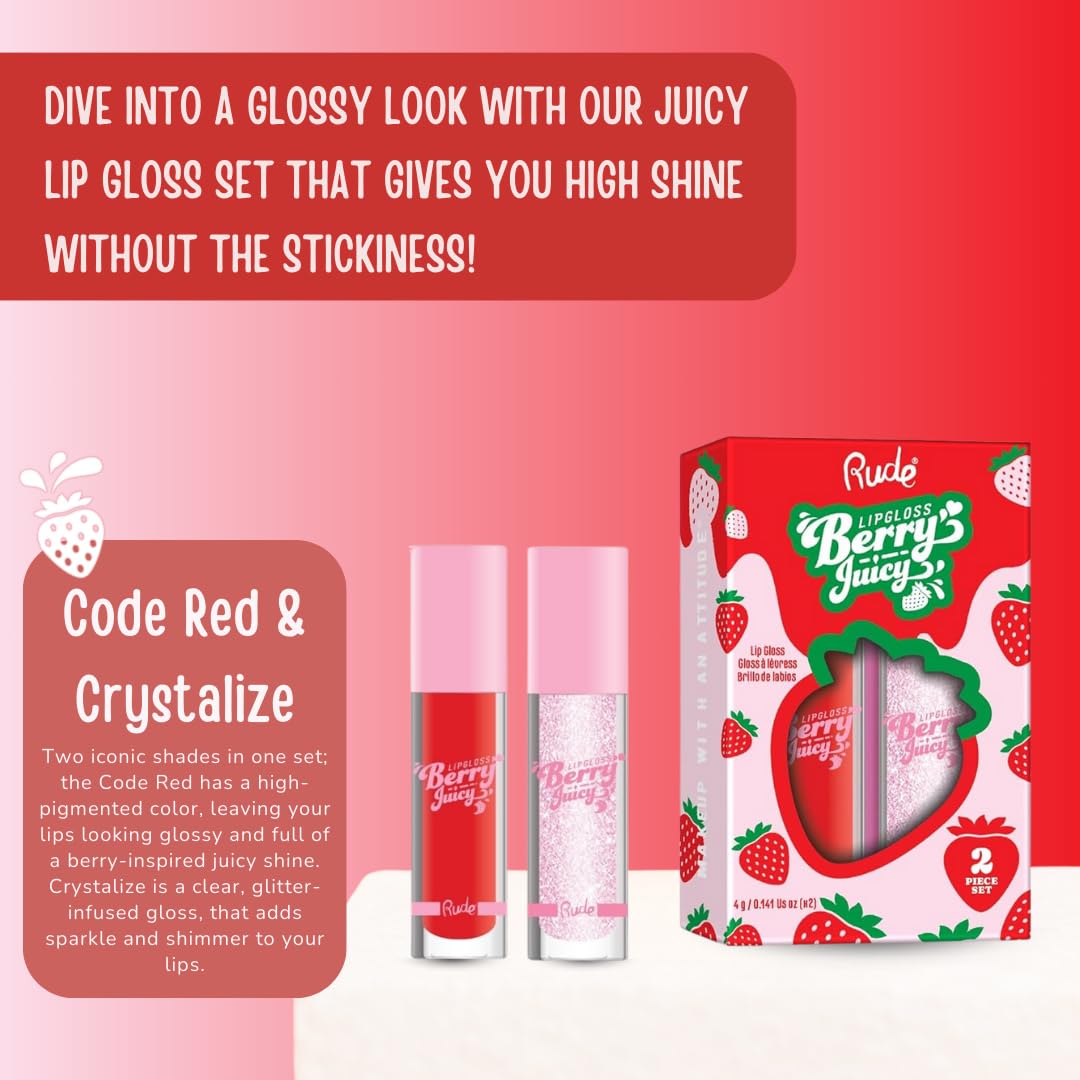 RUDE Cosmetics Berry Juicy Lip Gloss for Women, High Shine Lip Glosses Set, Moisturizing & Hydrating Lipgloss for Girls, Ideal for Day & Night Makeup