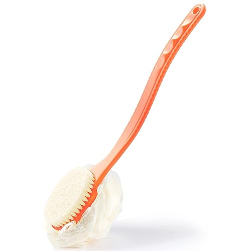 Shower Body Brush with Bristles and Loofah,Back Scrubber Bath Mesh Sponge with Curved Long Handle for Skin Exfoliating Bath, Massage Bristles Suitable