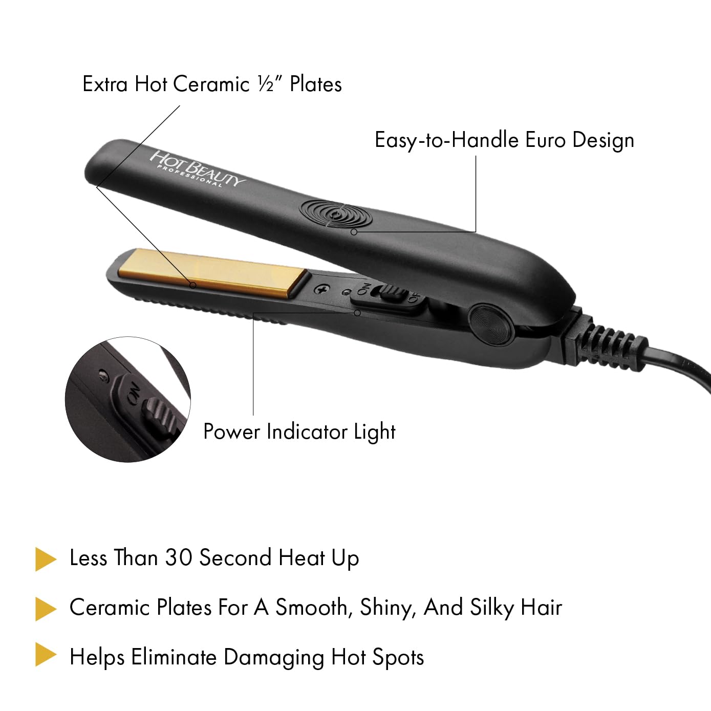 Hot Beauty Professional Ceramic Mini Flat Iron 1/2", Anti-Frizz, Fast Heating, Versatile Styling for Curly & Straight Hair, Ideal for Traveling
