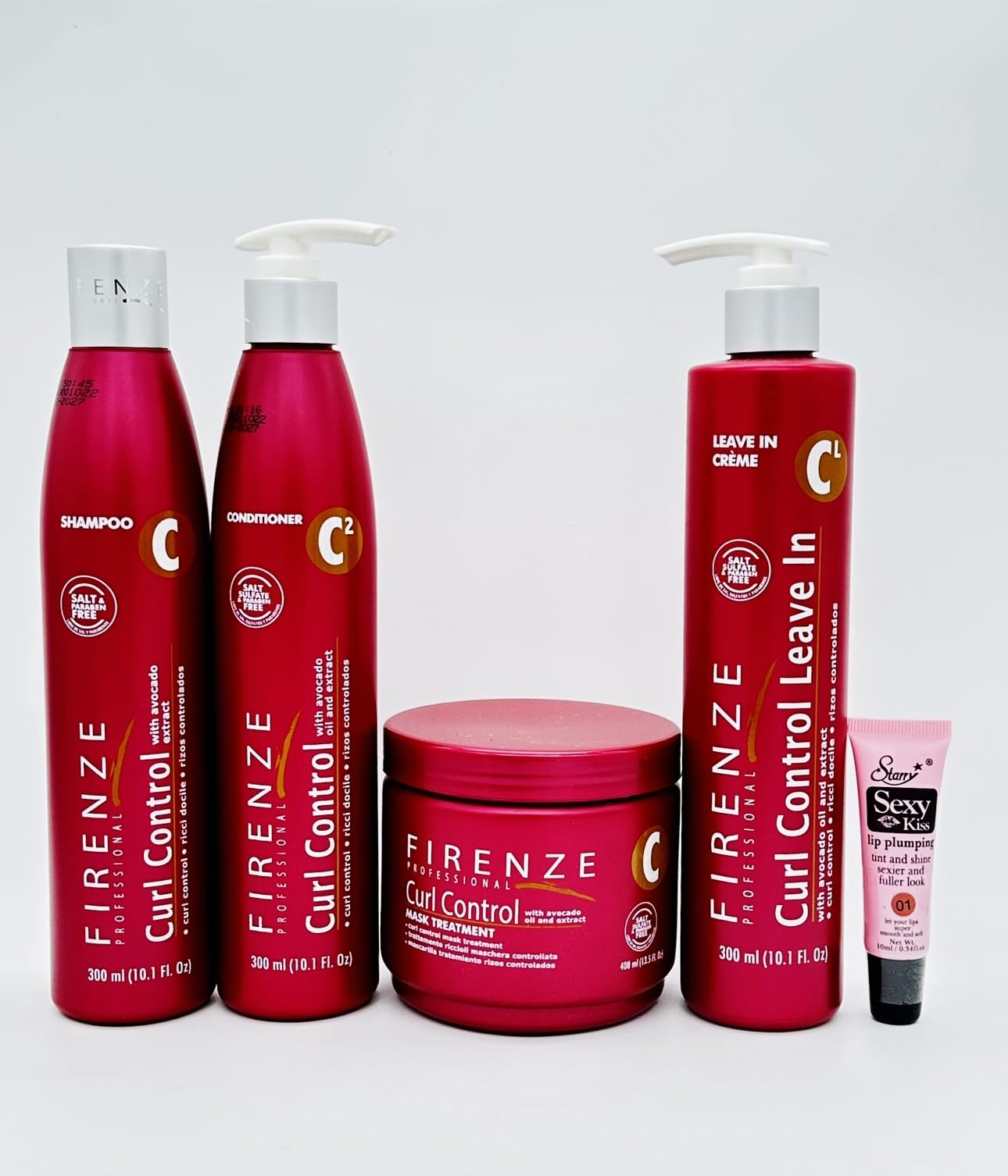 Firenze Professional Curl Control Shampoo 10.1 oz, Conditioner 10.1 oz, Leave-in Cream 10.1 & Mask Treatment13.5 oz- m- Free Starry Lip Plumping Gloss