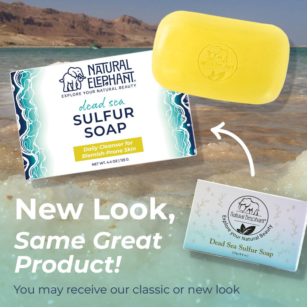 Natural Elephant Dead Sea Sulfur Soap 4.4 oz with Dead Sea Salt, Aloe Vera, Sulphur Face and Body Cleanser Bar for All Skin Types (3 Pack (13.2 oz