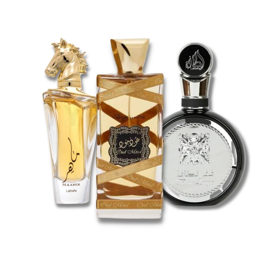Lattafa for Unisex 3 Piece Eau de Parfum Gift Set (Maahir + Fakhar for Men + Oud Mood Elixir) 3.4 Ounce/100 ml each